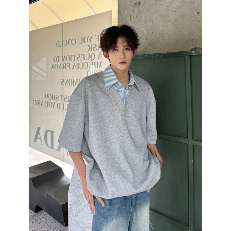 花灰色v领t恤男夏季小众设计