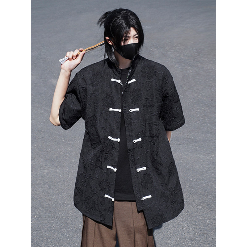 新中式缎面暗花纹短袖衬衫