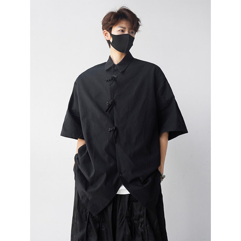 中国风新中式盘扣黑色短袖衬衫