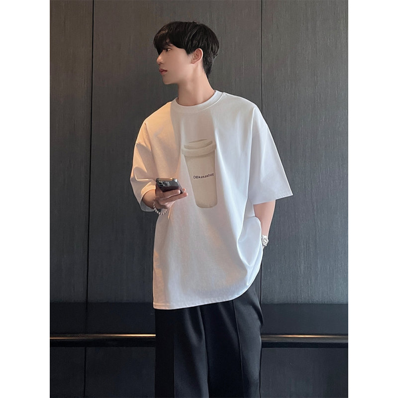 白灰色模糊杯子印花半截袖