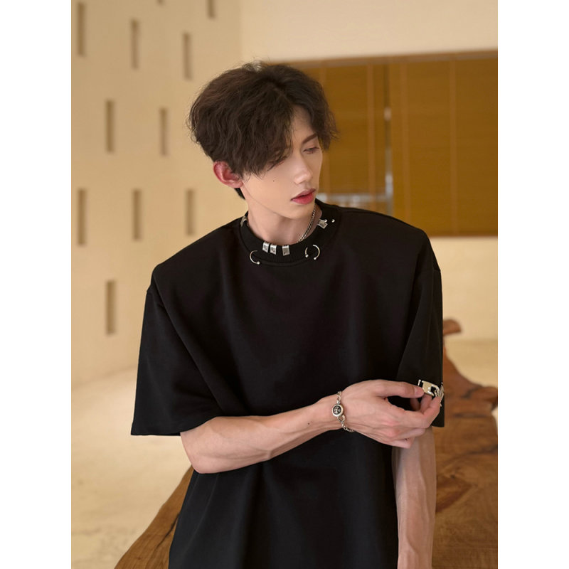 美式高街小领口金属扣t恤男