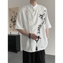 布客行 新中式改良版唐装竹子刺绣汉服衬衫男款盘扣短袖道袍外套