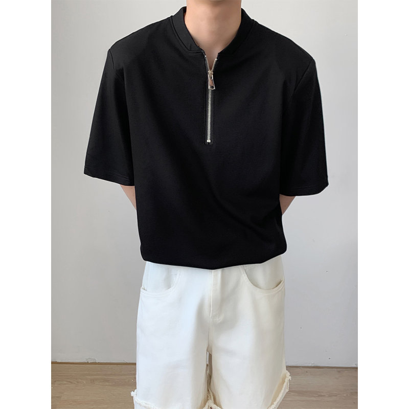 半拉链设计感垫肩短袖T恤