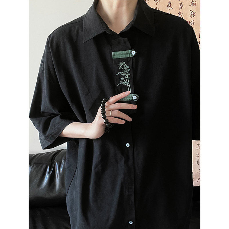 新中式绣花短袖衬衫男夏