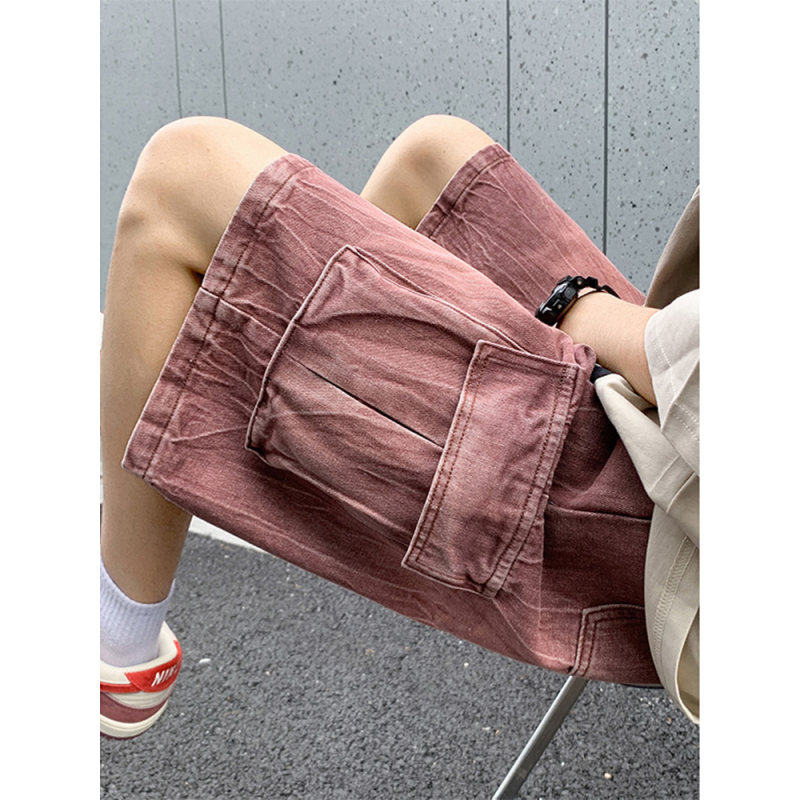 美式水洗做旧脏粉色牛仔裤