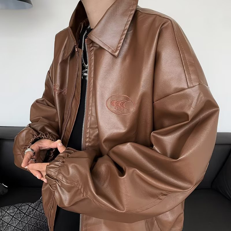 美式设计感美拉德皮夹克男