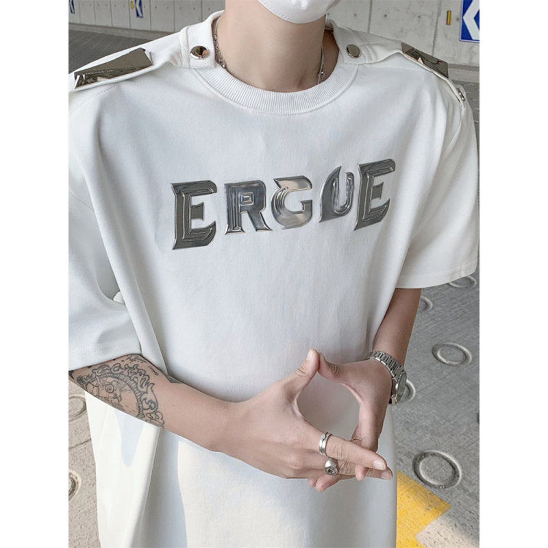 金属纽扣垫肩短袖t恤男夏