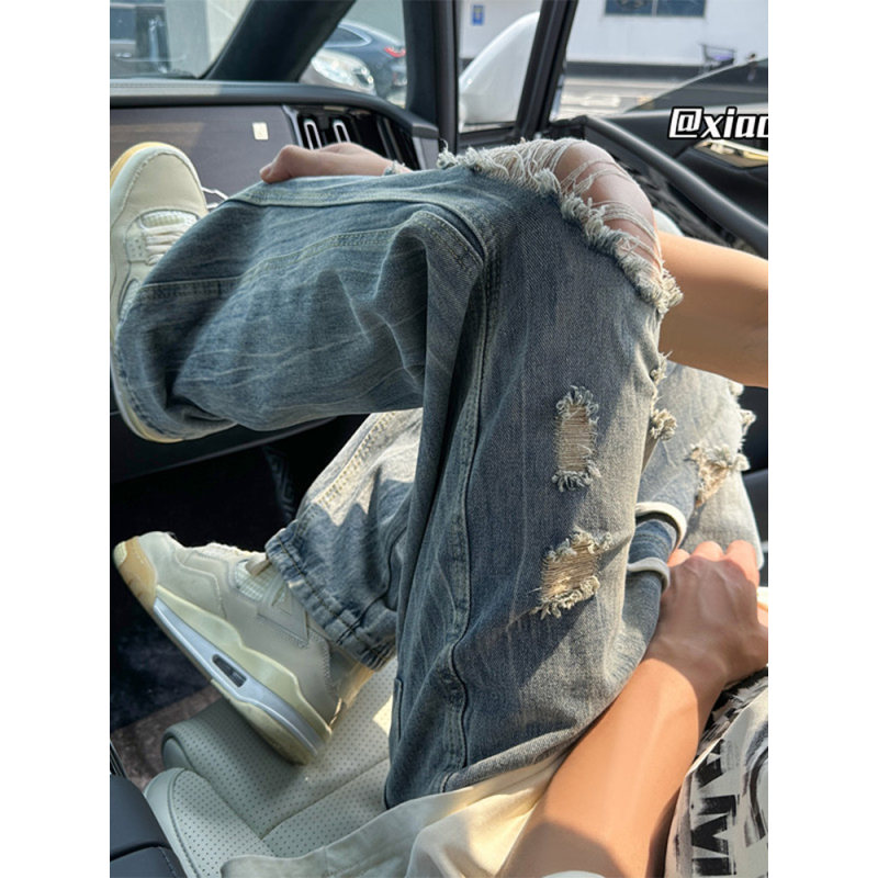 dirty美式直筒破洞牛仔裤