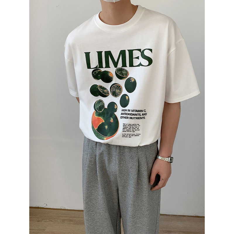 美式酸橙印花纯棉垫肩短袖T恤