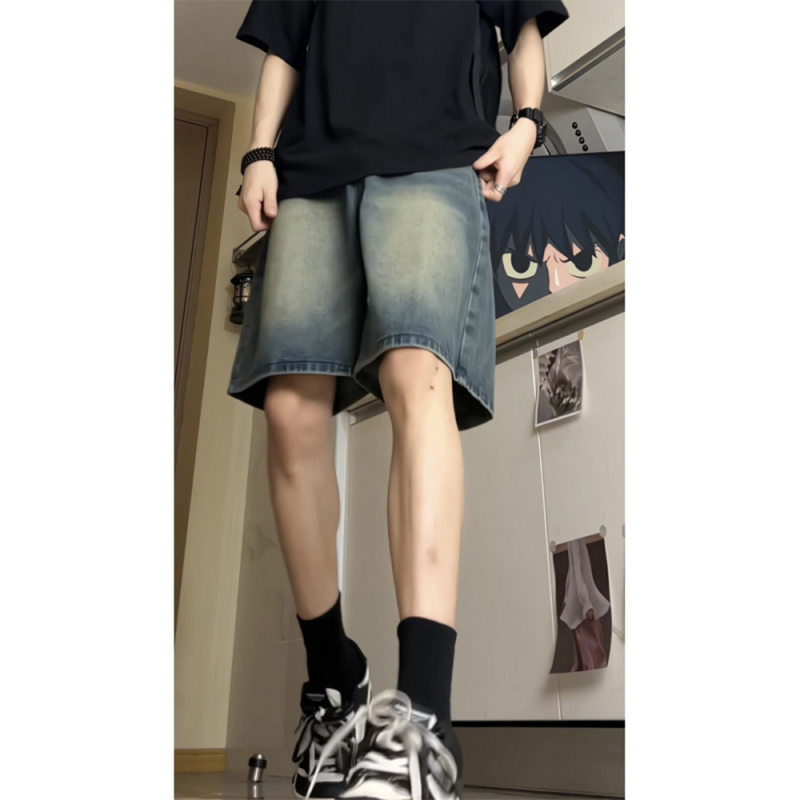 复古蓝水洗做旧牛仔短裤男款