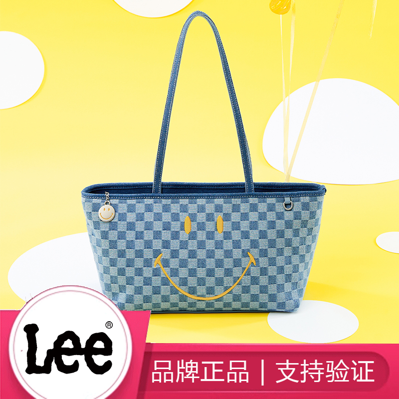 Lee女笑脸格纹单肩包牛仔帆布托特包大学生上课通勤包