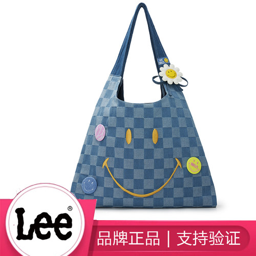 Lee 笑脸格纹托特包大容量牛仔帆布包黄子弘凡同款大学生上课包