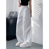 裤 白色不透速干裤 胖mm高腰褶皱运动工装 轻薄显瘦遮肉阔腿裤 女夏季