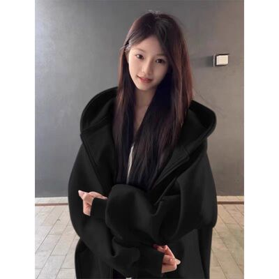 2026新款黑色卫衣外套女款春连帽运动上衣春季加绒韩系宽松开衫厚