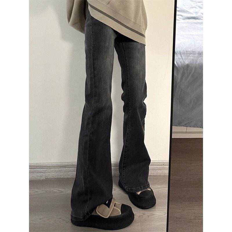 美式烟灰色牛仔裤女春季新款胖妹妹mm高腰宽松显瘦直筒微喇拖地裤