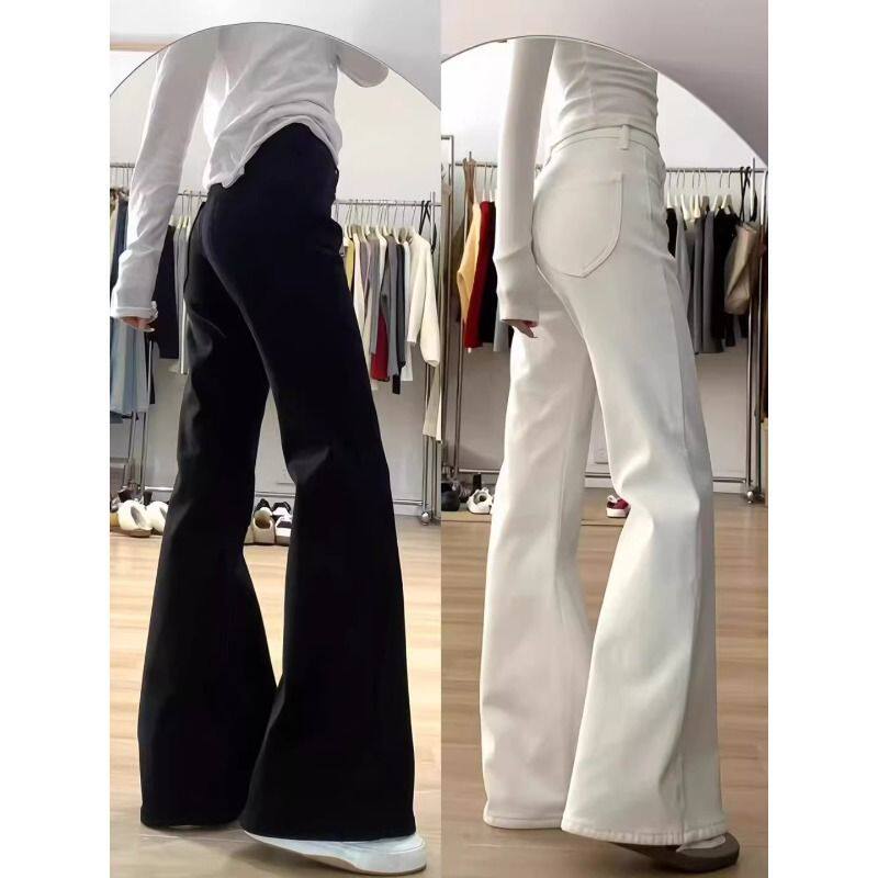 美式高腰微喇牛仔裤女秋冬季加绒大码胖mm不贴腿宽松显瘦喇叭长裤