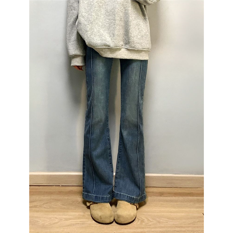 复古蓝微喇牛仔裤女春季新款大码胖mm弹力显瘦梨型身材马蹄喇叭裤