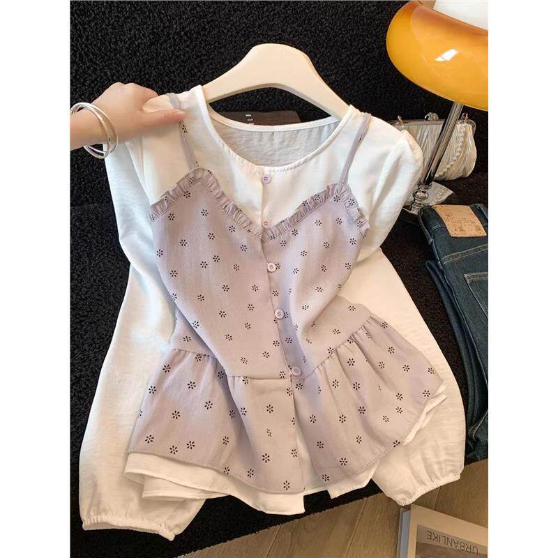 小清新碎花圆领衬衫女2026新款春装设计感撞色假两件叠穿长袖上