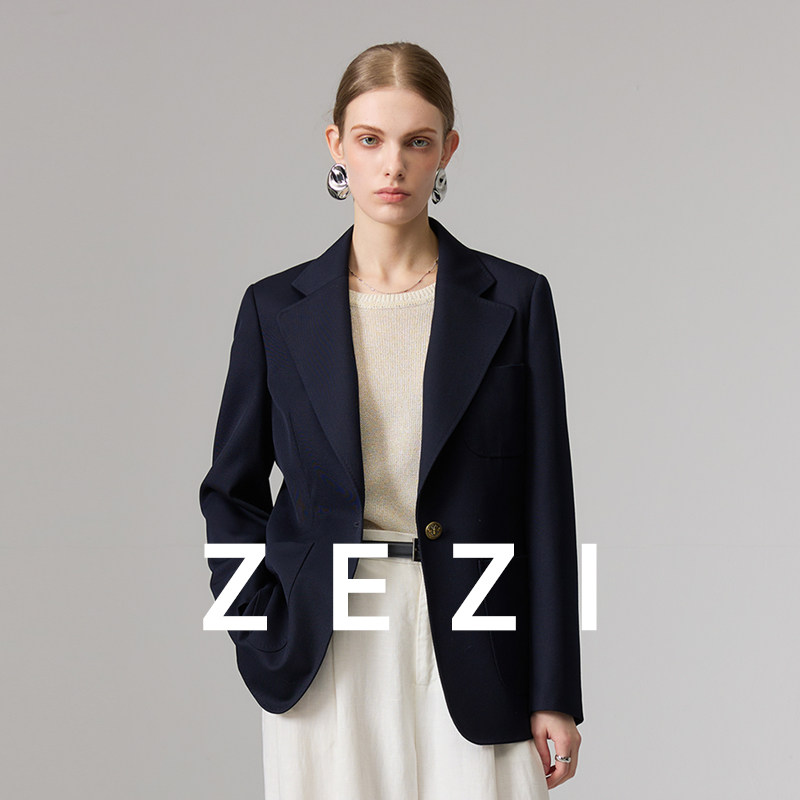 zezi三贴袋西装100%绵羊毛春秋新一粒扣外套女士通勤修身显瘦西服