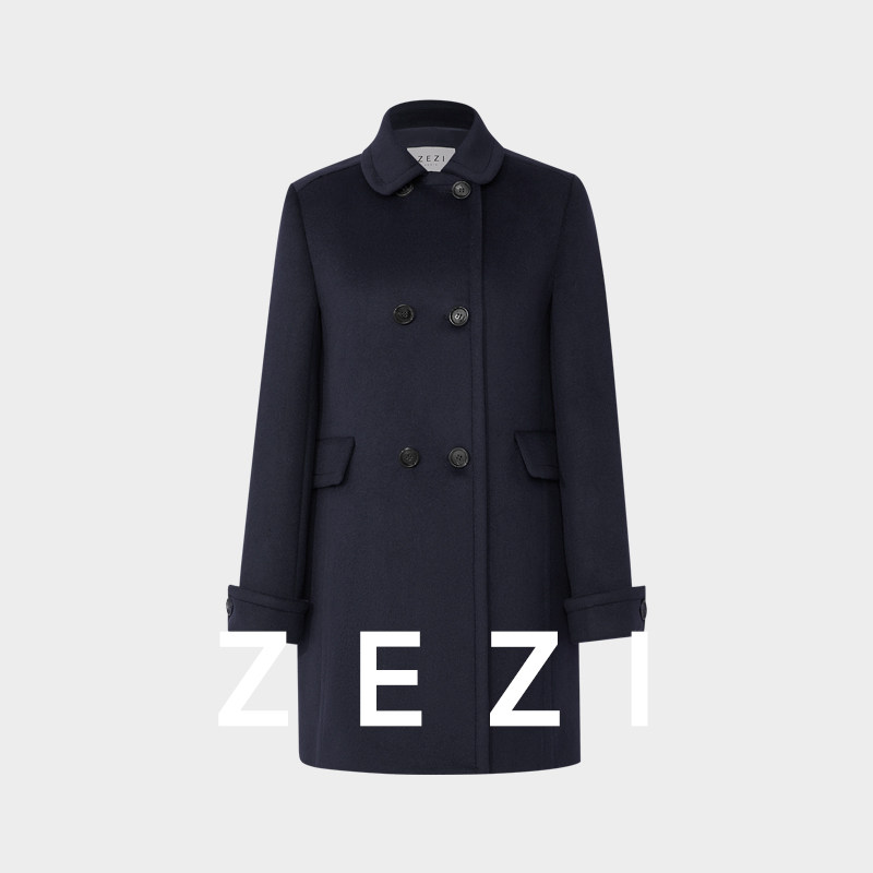 zezi羊毛真丝双排扣毛呢大衣秋冬