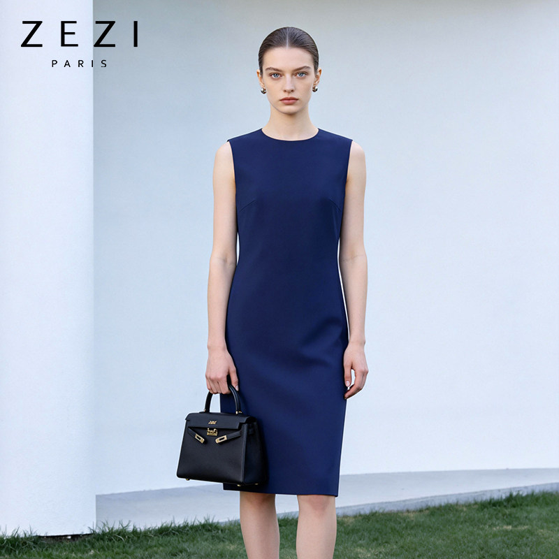 zezi丝光羊毛圆领无袖连衣裙时尚气质打底裙日常通勤休闲修身长裙
