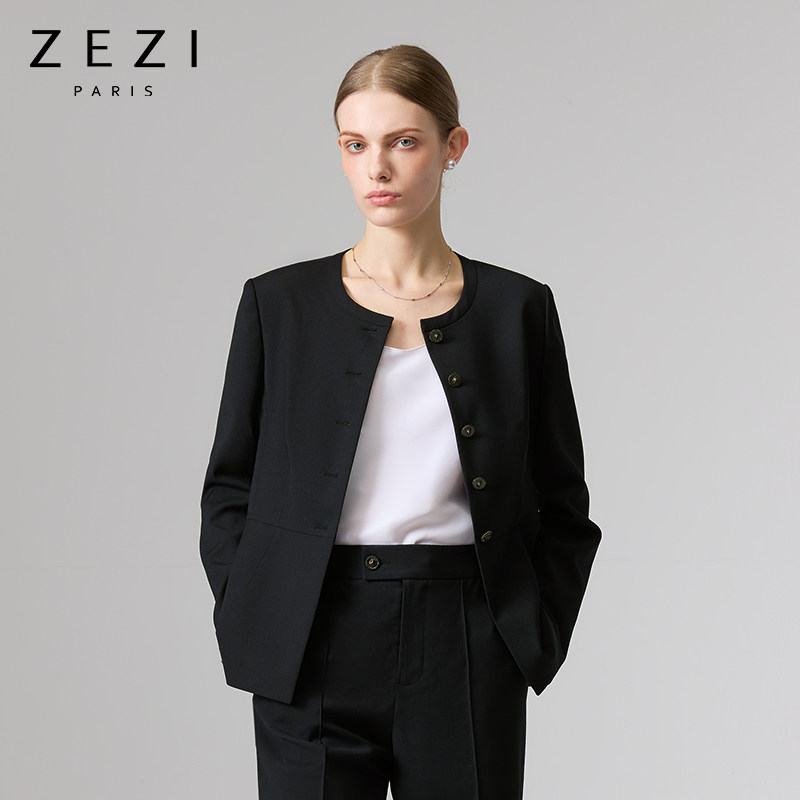zezi洋气减龄羊毛西装套装女西服春秋单排扣修身显瘦小香风短外套