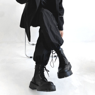 真皮工装 机车靴男英伦风厚底增高黑色马丁靴女ins潮酷侧拉链圆头