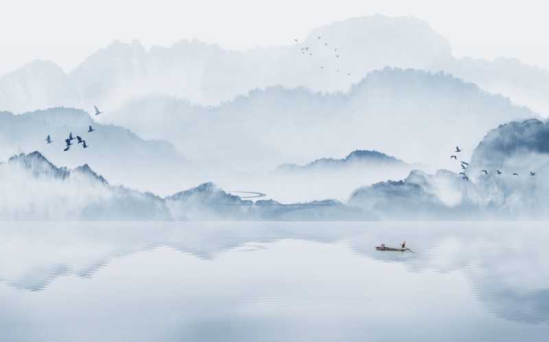 简约新中式山水客厅沙发电视背景墙写意抽象意境水墨