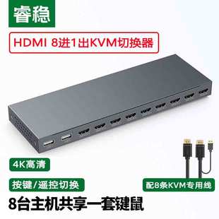 kvm切换器8口hdmi八进一出多电脑主机笔记本台式 睿稳 共用一套鼠标键盘显示器usb多接口分线8进1出4K高清切换