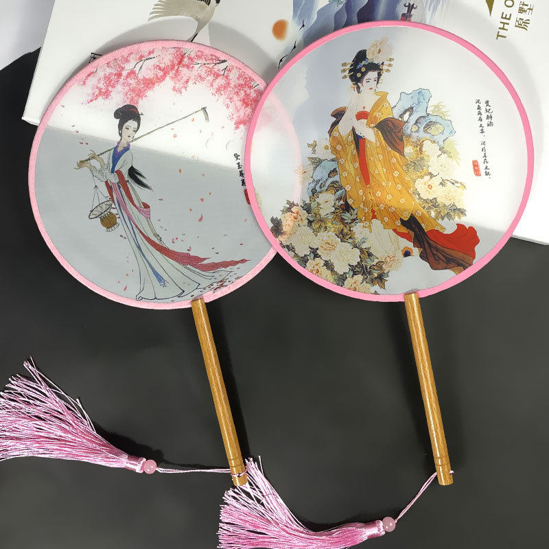 榉木柄半透明团扇中国古风扇子女旗袍扇子美女风景团扇