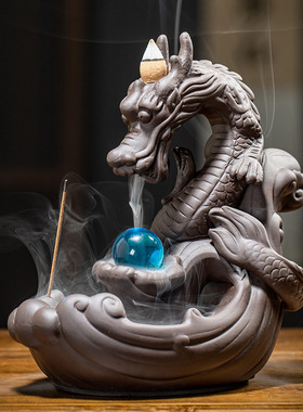 跨境亚马逊紫砂大号龙倒流香炉茶道熏香炉摆件创意龙家居摆件