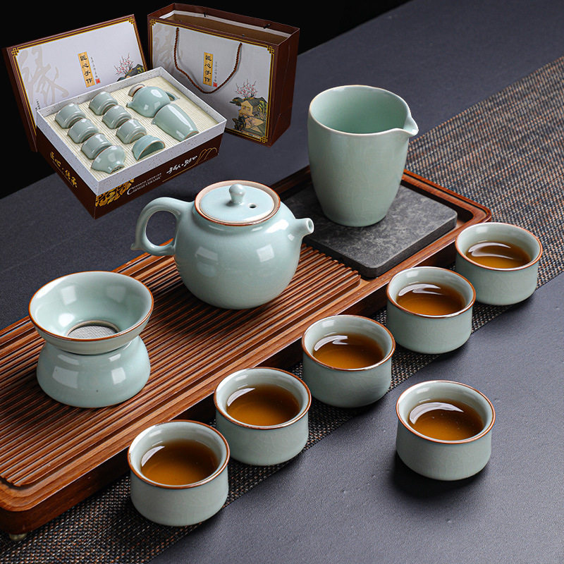 陶瓷开片汝窑十头家用功夫茶具套装礼品茶壶茶具整套可印logo