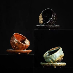 莲生吉祥陶瓷茶杯主人杯家用手工单杯粗陶杯垫大号品茗杯垫礼盒装