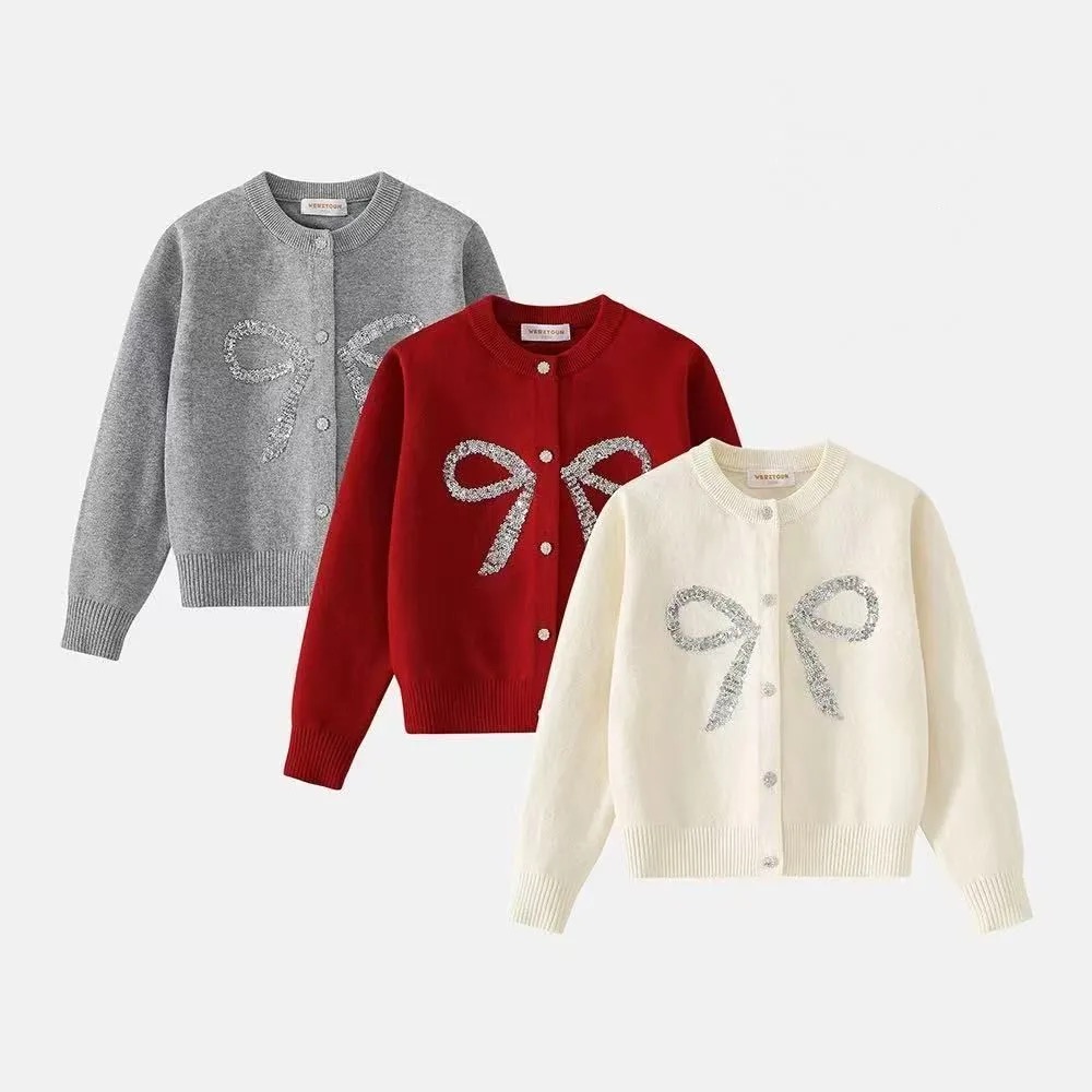 女童毛衣开衫秋冬新款精致亮片蝴蝶结小香风三色高级感针织衫