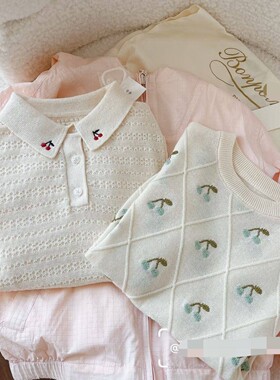 Bp2025高端童装法国女孩女童秋季新品翻领针织衫纯棉白色线衣