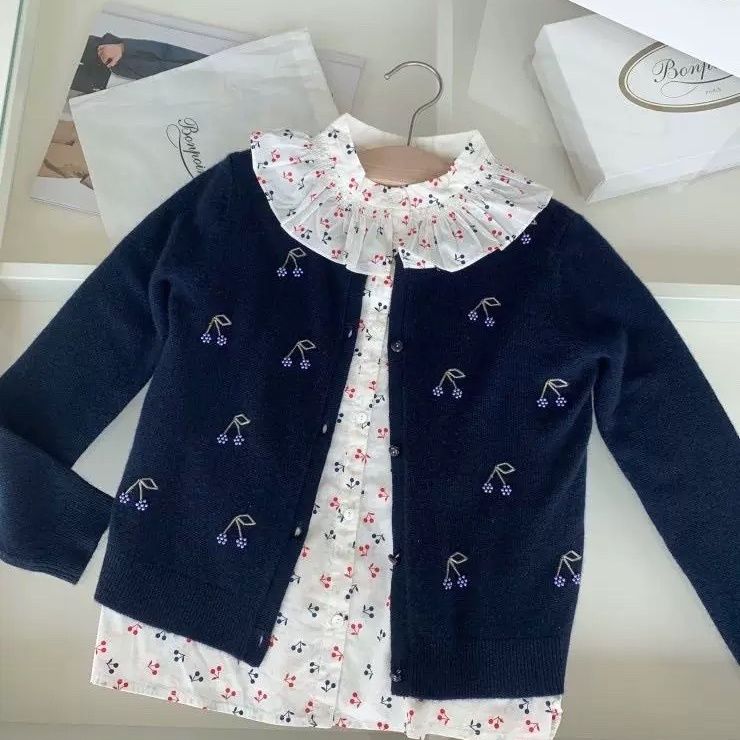 Bp法国女童女孩春秋新款法国女童中大童薄款小樱桃纯棉洋气衬衫