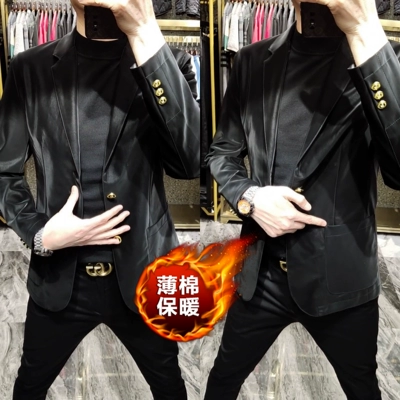 6109欧货秋冬男款西装薄棉外套时尚磨砂皮上衣翻领便服男西服夹克