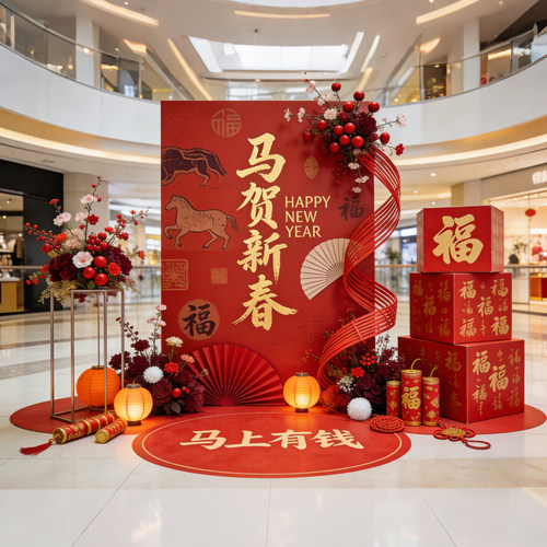 2026马年氛围布置场景装饰红色竹编花艺摆件kt板春节商场新年美陈