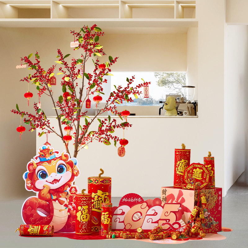 新年装饰红色仿真花艺摆件发财果红果子假树造景室内橱窗场景布置