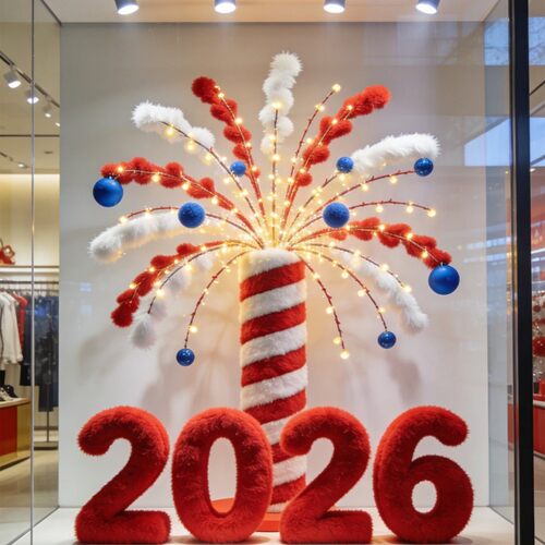 迎新年装饰场景布置2026门店橱窗春节烟花树美陈毛绒摆件拍照道具