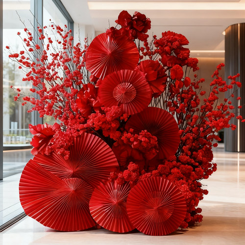 红色仿真花艺场景布置假花造景橱窗商场美陈春节新年装饰拍照道具