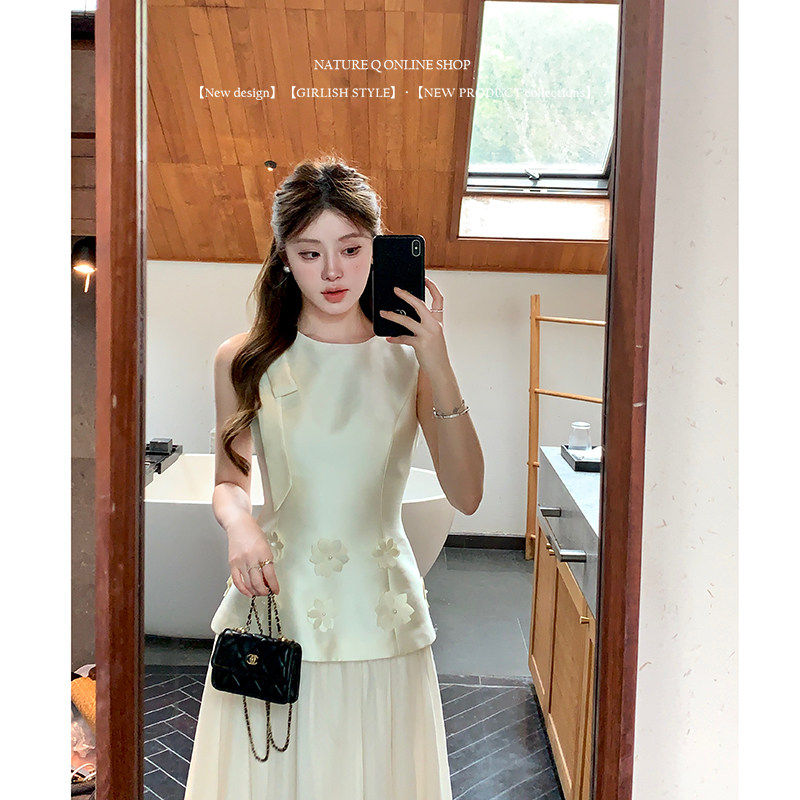 杨小卷富家千金立体花无袖洋装纱裙仙女长裙白色掐腰裙订婚礼服