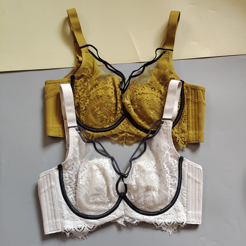 蓝色菲儿法式超薄内衣女大胸显小软钢圈聚拢兔耳防凸性z感文胸透