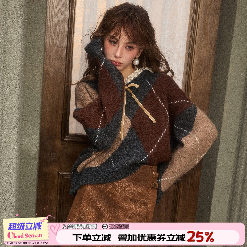 cloudseason蕾丝菱格复古毛衣