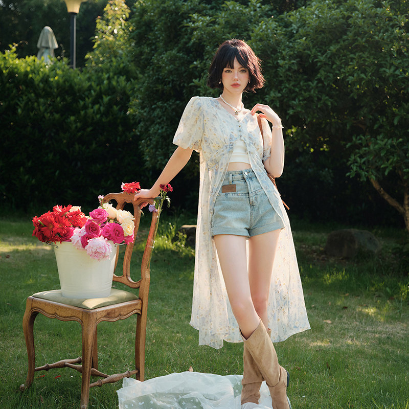 CLOUDSEASON小雏菊短袖长开衫女夏季薄款2023新款外搭印花长外套