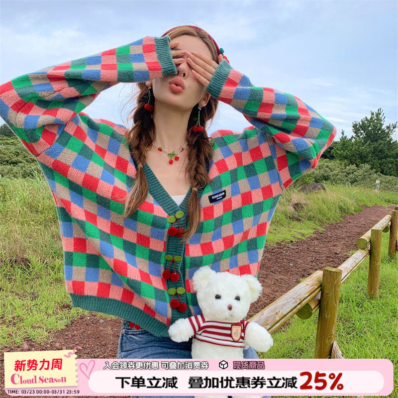 CLOUDSEASON格子复古开衫针织外套女高级感2026年春季外搭气质