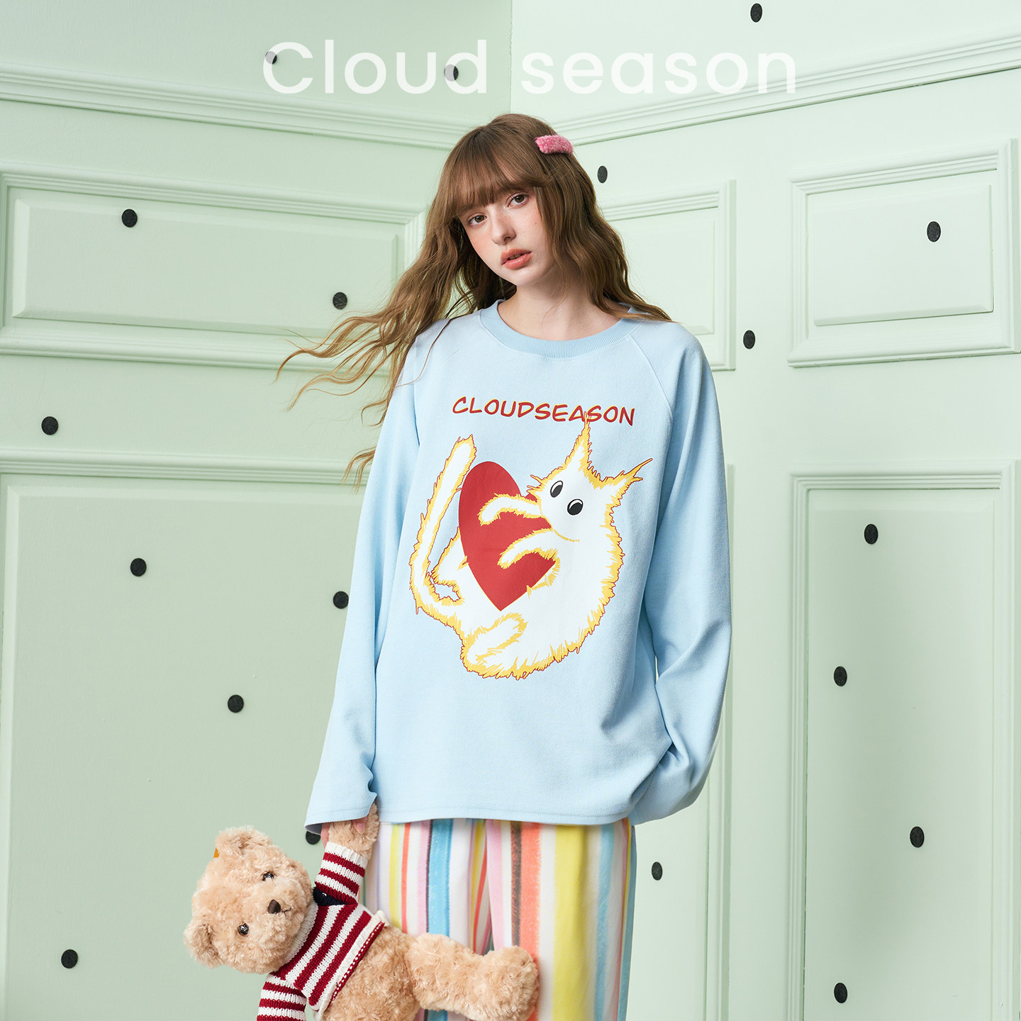 CLOUDSEASON爆炸猫长袖家居服女上衣卫衣女设计感小众长袖T恤女
