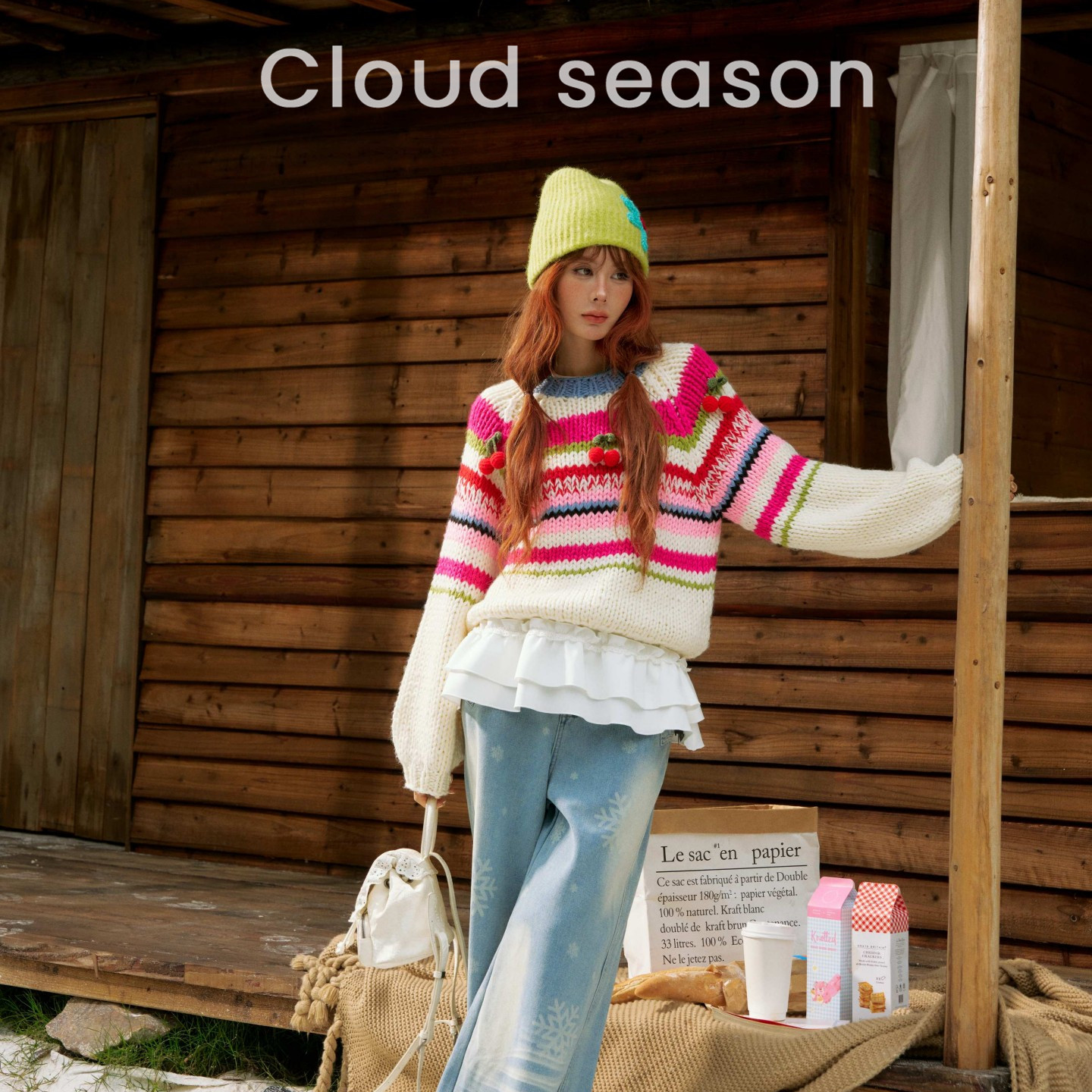 CLOUDSEASON荼蘼少女彩条毛衣樱桃条纹多巴胺撞色粗针针织冬上衣