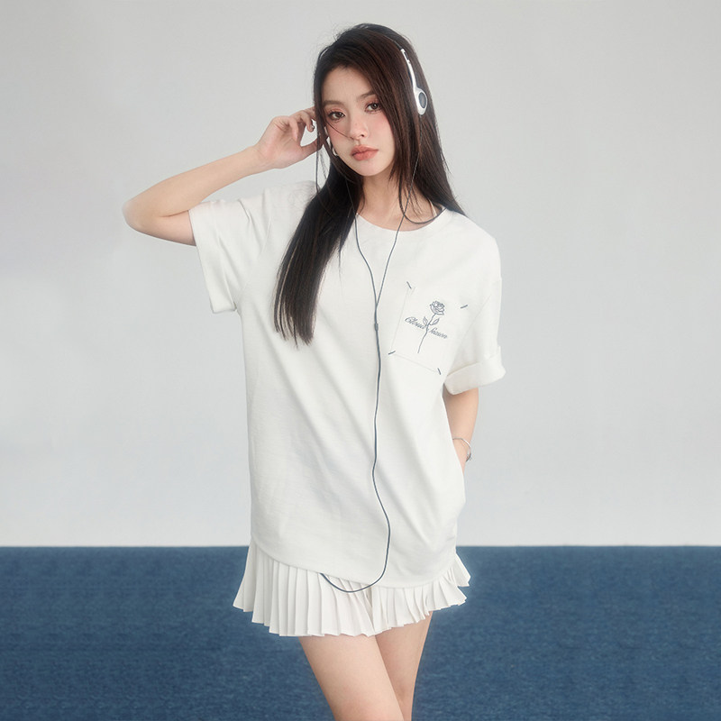 CLOUDSEASON复古玫瑰花黑色t恤女短袖2026新款夏装正肩设计感上衣