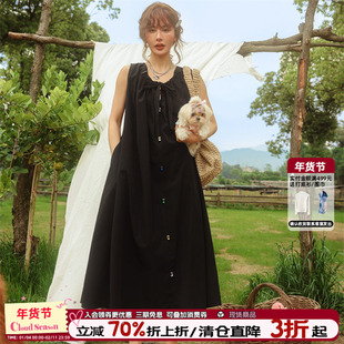 CLOUDSEASON宽松彩钻背心裙黑色气质高级感显瘦夏u型领长款连衣裙